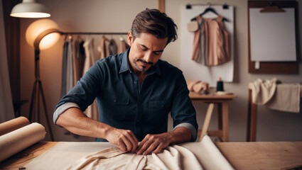 Fototapeta premium Sewing studio with male designer. a designer fine-tuning fabric on a worktable. Perfect for apparel businesses and fashion industry content.