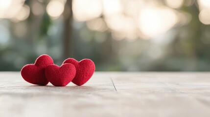 Fototapeta premium Three red hearts on wood, sunset bokeh. Valentine's Day card design