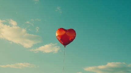 Fototapeta premium Red Heart Shaped Balloon Floating in a Blue Sky