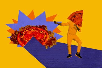 Creative sketch collage of anonym man instead head pizza piece lettuce neapolitan baked snack italian dough margherita meal