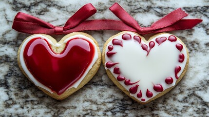 Heart-shaped cookies with red icing and ribbon on marble background perfect for valentine's day