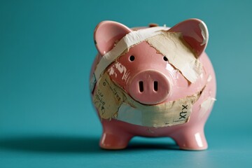 Injured Piggy Bank: A pink piggy bank, battered and bandaged, sits against a teal background, symbolizing financial hardship and the need for repair.