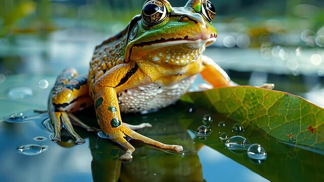 a frog on a lotus leaf in a swamp footage