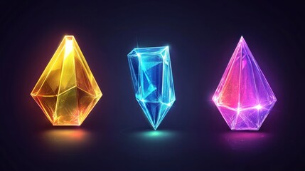 Three glowing gemstones; yellow, blue, and purple crystals on dark background.