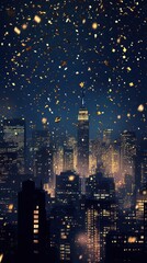 Golden Confetti Falls Over Night Cityscape