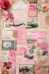 Vintage pink collage with stamps, flowers, and handwritten letters
