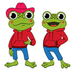 cartoon character frog in clothes, with a hat, cute, funny, illustration on a white background