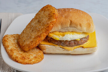 fried egg sausage patty breakfast sandwich,