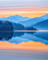 Fototapeta premium Serene lake at sunrise reflecting soft pastel shades and mountains