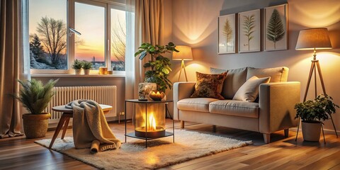 Fototapeta premium Minimalist Cozy Living Room with Heater & Warm Decor - Stock Photo