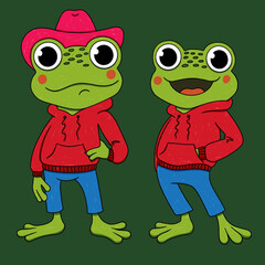 cartoon character frog in clothes, with a hat, cute, funny, illustration on a colorfull background