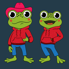 cartoon character frog in clothes, with a hat, cute, funny, illustration on a colorfull background