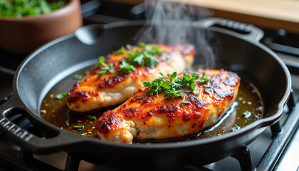 Pan-fried chicken breast with greens