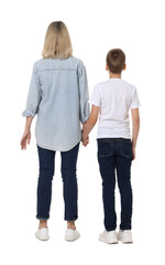 Fototapeta premium Mother and son on white background, back view