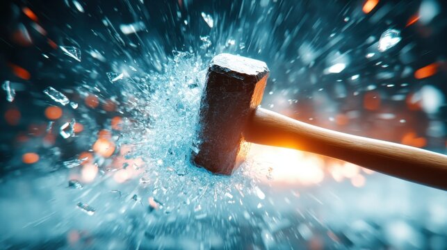 A striking image featuring a sledgehammer striking glass, capturing the moment of shattering and the dramatic beauty of chaos and creation in a brilliant display of force.