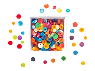 Colorful array of buttons in assorted sizes and shades, offering a playful and vibrant composition with a top view in studio, isolated on transparent background, PNG, cut out