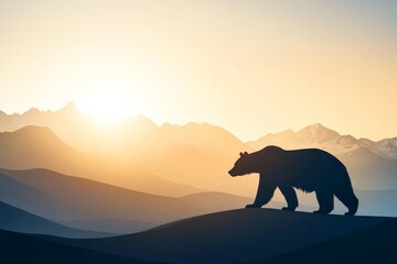 Majestic Grizzly Silhouette at Sunrise - A powerful grizzly bear silhouette walks across a mountain range at sunrise, symbolizing strength, wilderness, freedom, peace, and solitude.