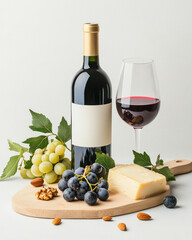 wine bottle, glass, cheese, and grapes create delightful spread