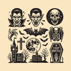 Vintage Dracula icon set with fangs, bat, castle, moon, and coffin.

