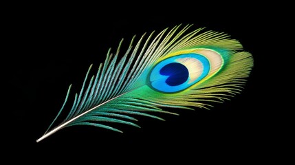 Obraz premium Single Peacock Feather on Black - Vibrant peacock feather isolated on a black background
