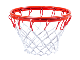Close-up shot of a vibrant basketball hoop with a net, isolated on transparent background, The orange rim and white net create a dynamic and engaging scene, perfect for sports and game-related themes
