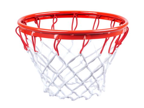 Close-up shot of a vibrant basketball hoop with a net, isolated on transparent background, The orange rim and white net create a dynamic and engaging scene, perfect for sports and game-related themes