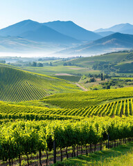 Fototapeta premium Lush vineyard landscape with rolling hills and misty mountains in background