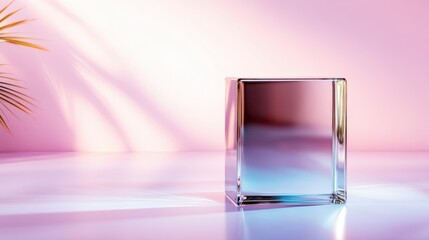 A transparent glass rectangle casts soft shadows against a pastel backdrop, illustrating the beauty of simplicity and the delicate balance between light and shadow.