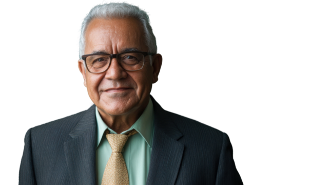 Smiling senior businessman wearing suit and tie on transparent background