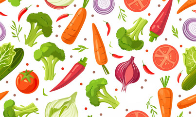 wallpaper pattern with vegetables illustration flat lay on beige background