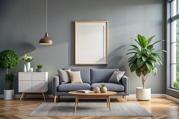Modern Living Room Interior Design: A serene and stylish living room features a gray sofa, wooden coffee table, and large potted plant.