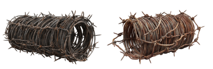 Old barbed wire roll isolated on a white or transparent background, Cut out PNG