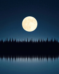 glowing full moon reflects in quiet forest lake, creating serene atmosphere