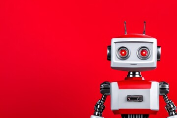 Friendly Retro Robot on Red Background - A cute vintage-style robot with red and white coloring stands against a solid red backdrop.  Perfect for technology, AI, or childhood themes.