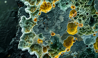  closeup of colorful lichen growing on a tree bark; green bacteria growing 