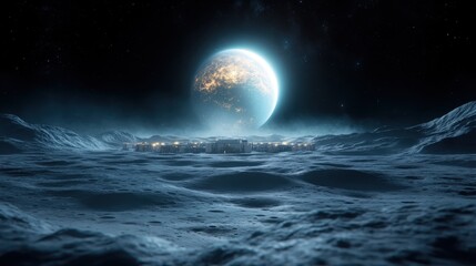 Fototapeta premium A magnificent futuristic base is shown on a moon's surface, with a massive Earth looming in the background, depicting humanity's ambitious exploration beyond our planet.
