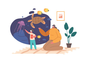 Mother And Children Wearing Vr Headsets Study Nature and Underwater Animals In Home Setting Vector Illustration