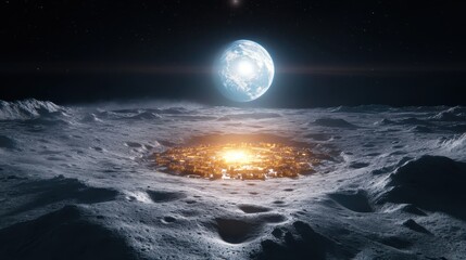 An extraordinary view of a glowing settlement on the moon’s surface, with the mesmerizing Earth positioned just above, exemplifying human innovation and space colonization.