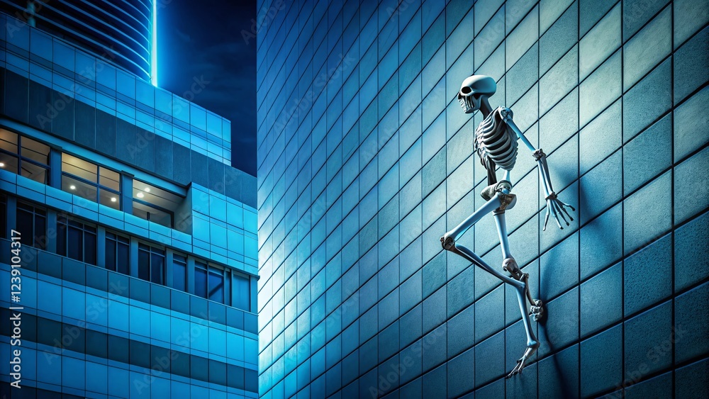 Wall mural Minimalist Skeleton Climbing Skyscraper - Urban Anatomy Stock Photo