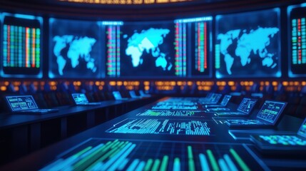 A futuristic control room with glowing screens displaying maps and data, emphasizing technology and global connectivity.
