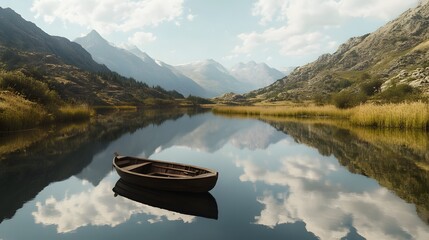 Obraz premium Tranquil lake scene, serene water reflecting mountains, wooden boat anchored, ideal for nature themes or relaxation content.
