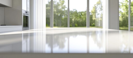 Modern Kitchen Countertop with Blurred Green Landscape View