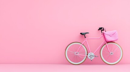 Pink Bicycle Studio Shot: Lifestyle and Transport - A pink bicycle with a pink bag leans against a pink wall. Symbolizing freedom, transportation, style, femininity, and leisure.