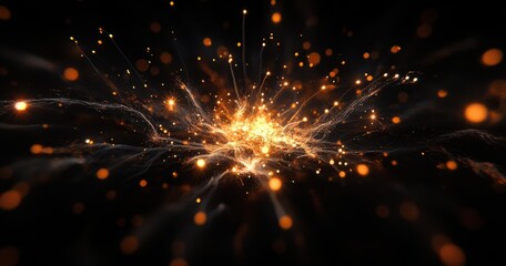 Obraz premium Abstract explosion of golden sparks and light particles on dark background representing energy, creativity, and dynamic flow in vivid artistic display