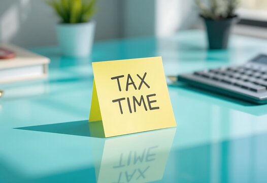 Yellow sticky note with 'Tax Time' on a tidy office desk with calculator and greenery.