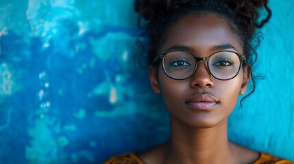 Naklejka premium Young woman, glasses, blue background, calm expression, portrait