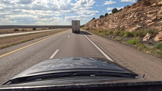 Semi Truck Time Lapse Driving Down Interstate 40 in New Mexico