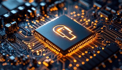 Close-up view of a microchip with an illuminated padlock symbol on a circuit board.  The image features warm orange and yellow lighting, highlighting the intricate details of the circuitry.  The