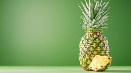 Ripe pineapple slice, green background, studio shot, food photography