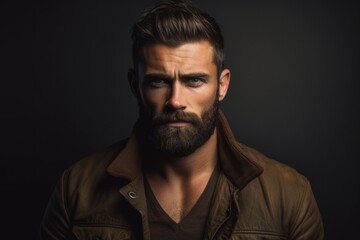 Obraz premium Brown Bearded Casual Attire - Handsome Man Portrait with Expressive Facial Fun